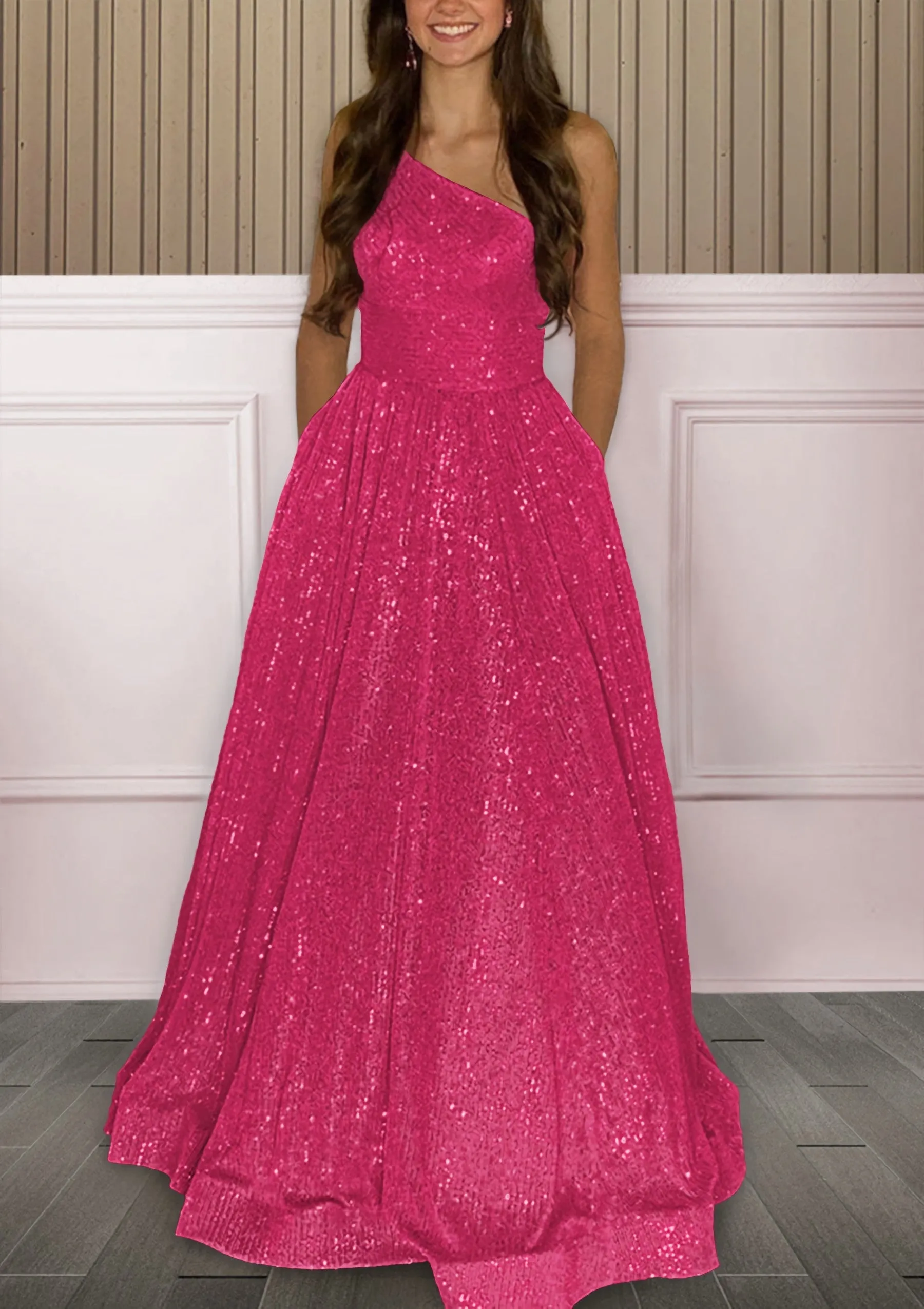 A-line One-Shoulder Sleeveless Sweep Train Sequined Prom Dress with Pockets