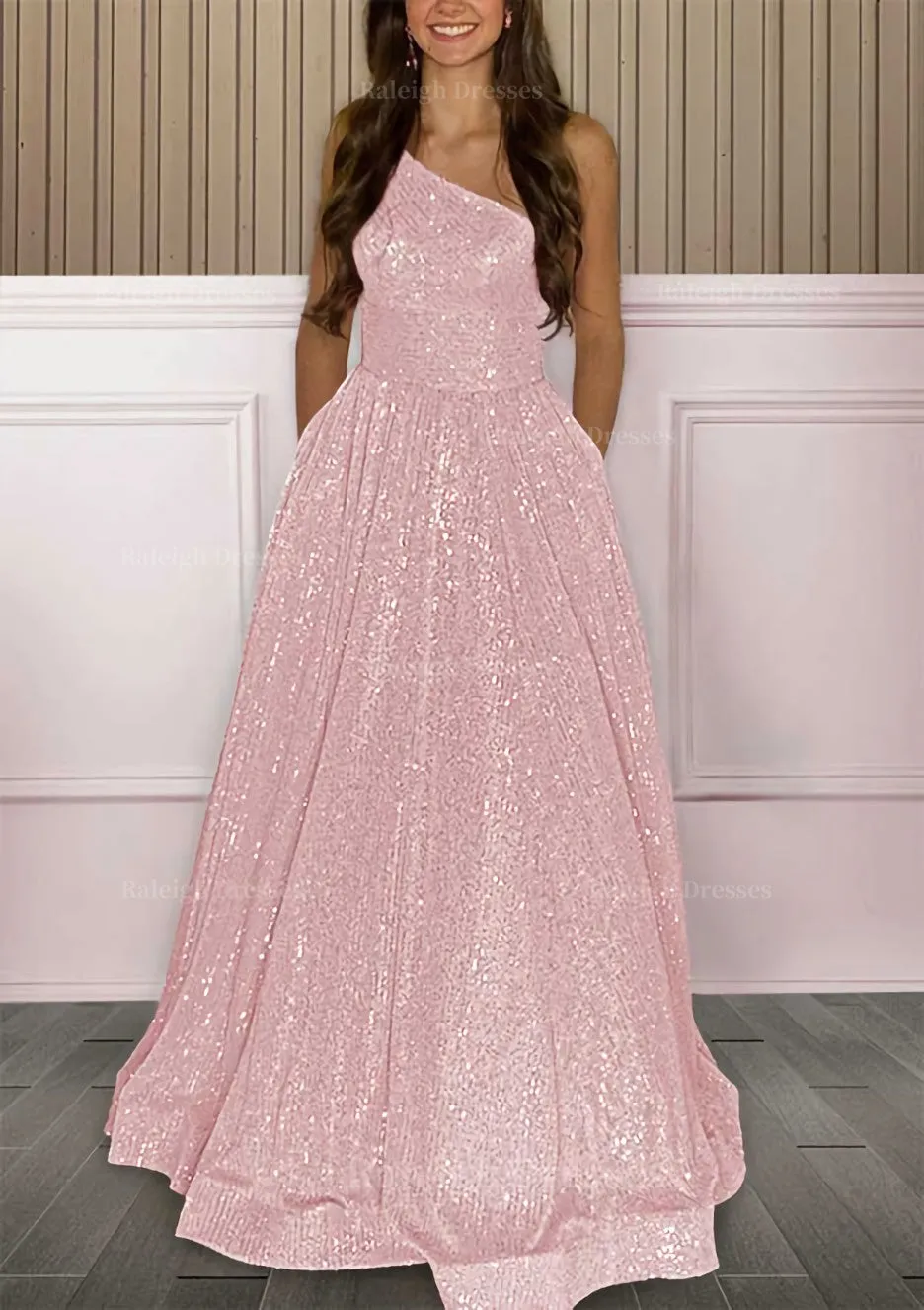 A-line One-Shoulder Sleeveless Sweep Train Sequined Prom Dress with Pockets