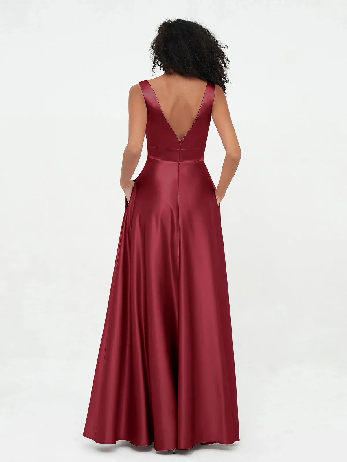 A-Line Princess V-neck Satin Max Dresses Bridesmaid Dresses with Pockets-Burgundy