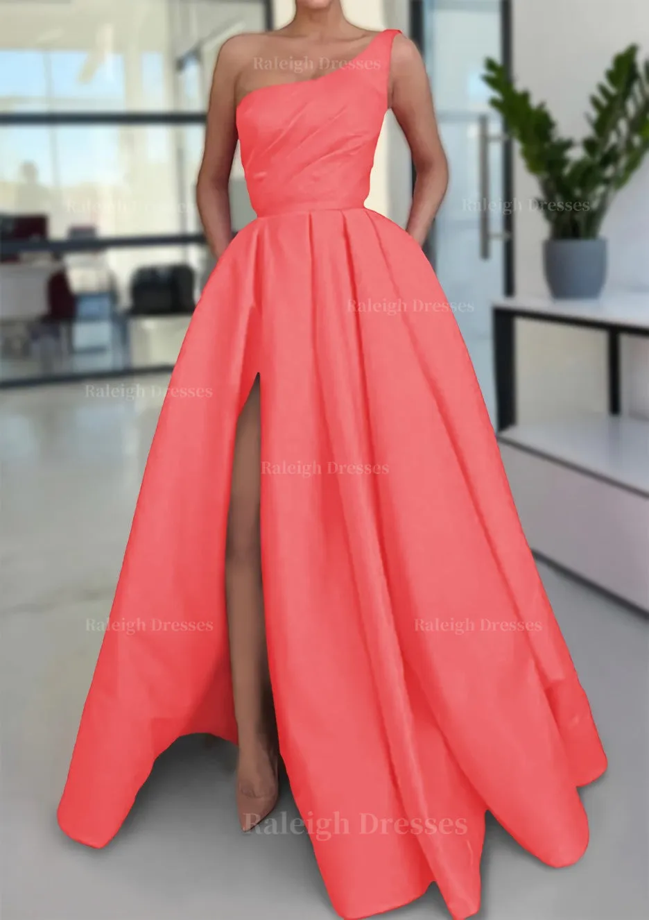 A-line Sleeveless One-Shoulder Long/Floor-Length Satin Prom Dress With Split Ruffles Pockets