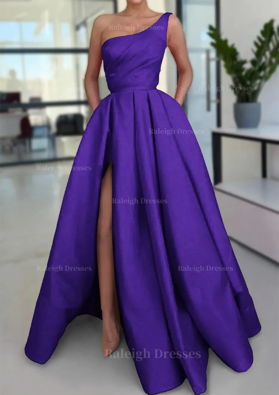 A-line Sleeveless One-Shoulder Long/Floor-Length Satin Prom Dress With Split Ruffles Pockets