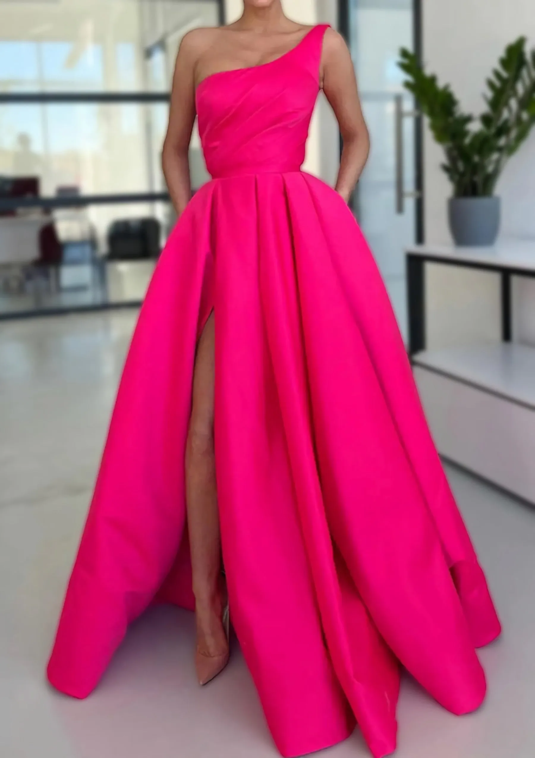 A-line Sleeveless One-Shoulder Long/Floor-Length Satin Prom Dress With Split Ruffles Pockets