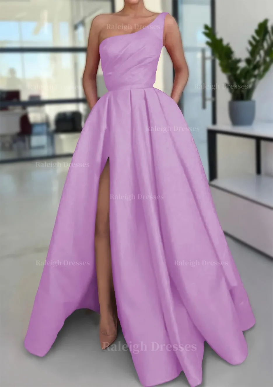 A-line Sleeveless One-Shoulder Long/Floor-Length Satin Prom Dress With Split Ruffles Pockets