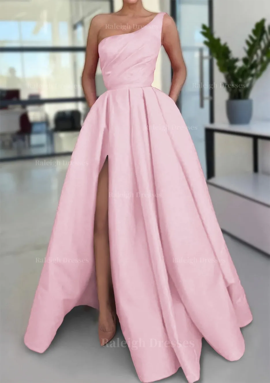 A-line Sleeveless One-Shoulder Long/Floor-Length Satin Prom Dress With Split Ruffles Pockets