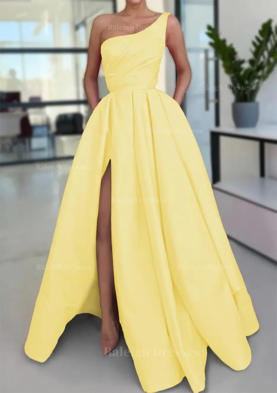 A-line Sleeveless One-Shoulder Long/Floor-Length Satin Prom Dress With Split Ruffles Pockets