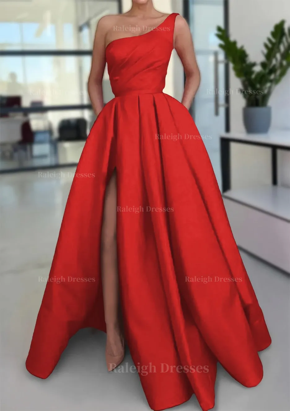 A-line Sleeveless One-Shoulder Long/Floor-Length Satin Prom Dress With Split Ruffles Pockets