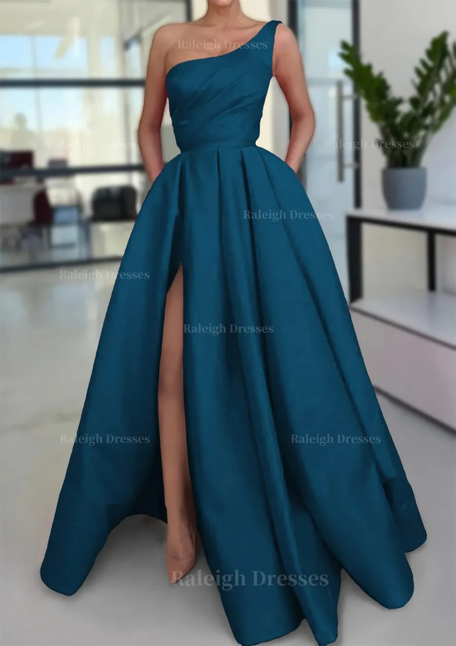 A-line Sleeveless One-Shoulder Long/Floor-Length Satin Prom Dress With Split Ruffles Pockets