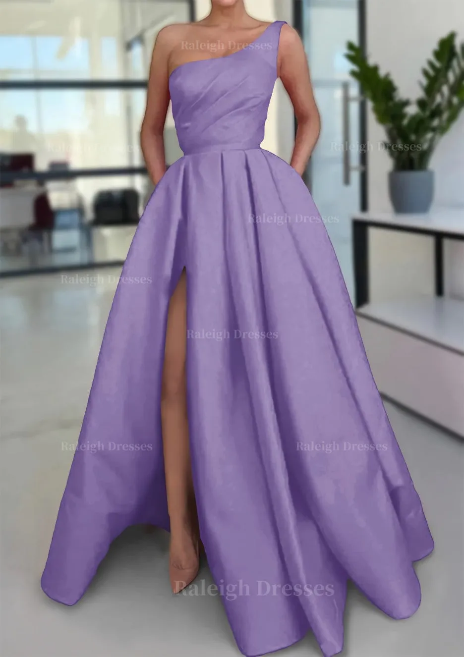 A-line Sleeveless One-Shoulder Long/Floor-Length Satin Prom Dress With Split Ruffles Pockets