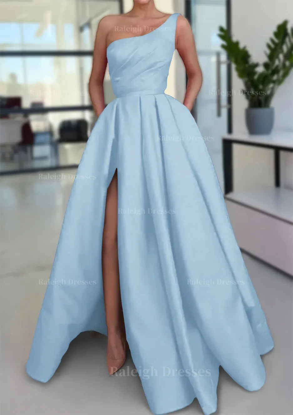 A-line Sleeveless One-Shoulder Long/Floor-Length Satin Prom Dress With Split Ruffles Pockets