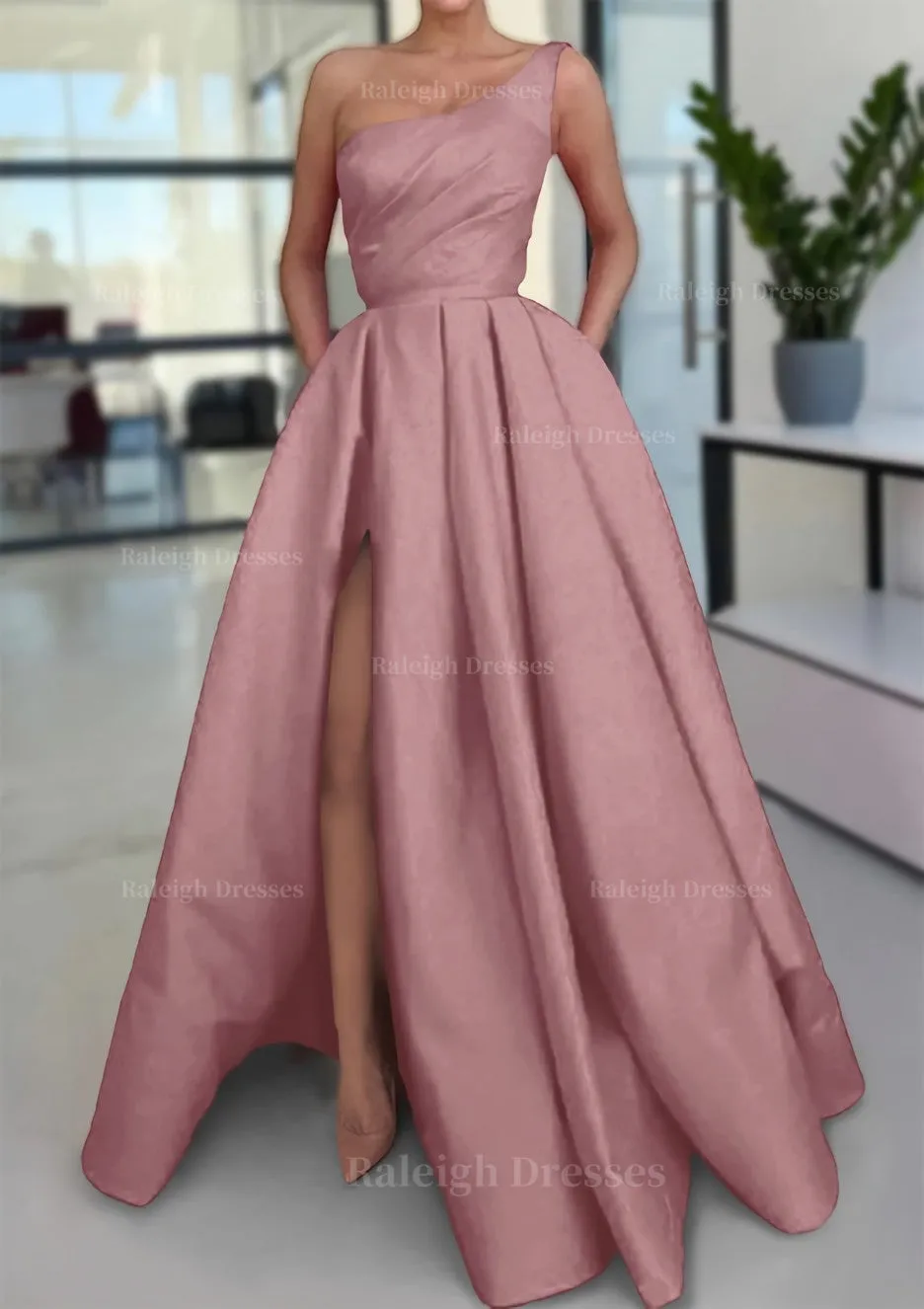 A-line Sleeveless One-Shoulder Long/Floor-Length Satin Prom Dress With Split Ruffles Pockets