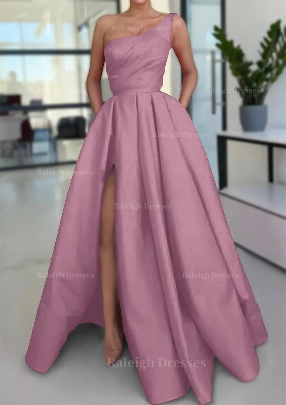 A-line Sleeveless One-Shoulder Long/Floor-Length Satin Prom Dress With Split Ruffles Pockets