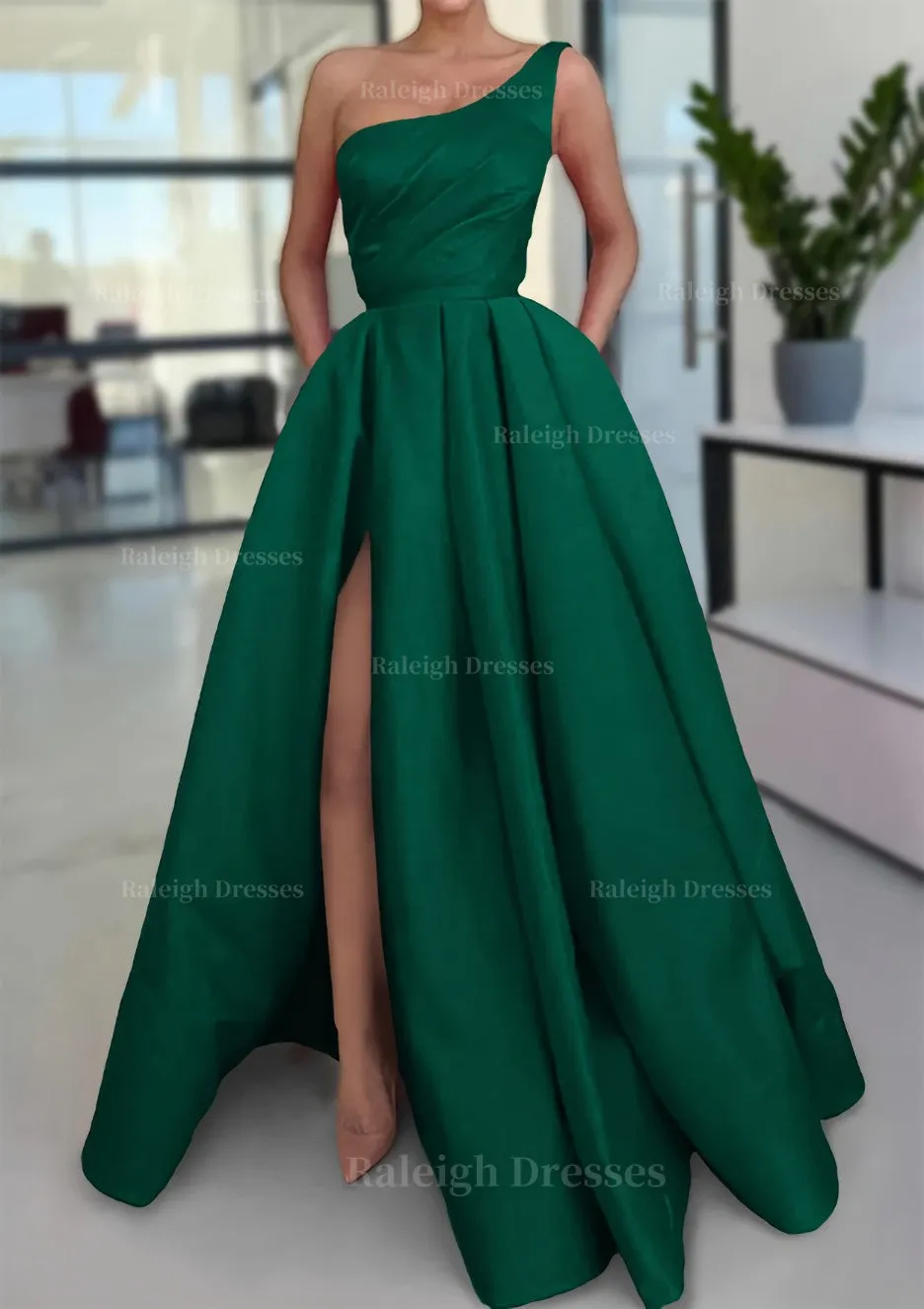 A-line Sleeveless One-Shoulder Long/Floor-Length Satin Prom Dress With Split Ruffles Pockets