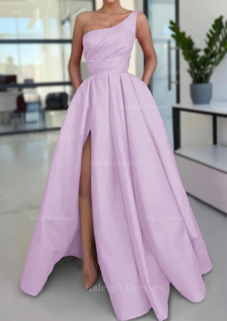 A-line Sleeveless One-Shoulder Long/Floor-Length Satin Prom Dress With Split Ruffles Pockets