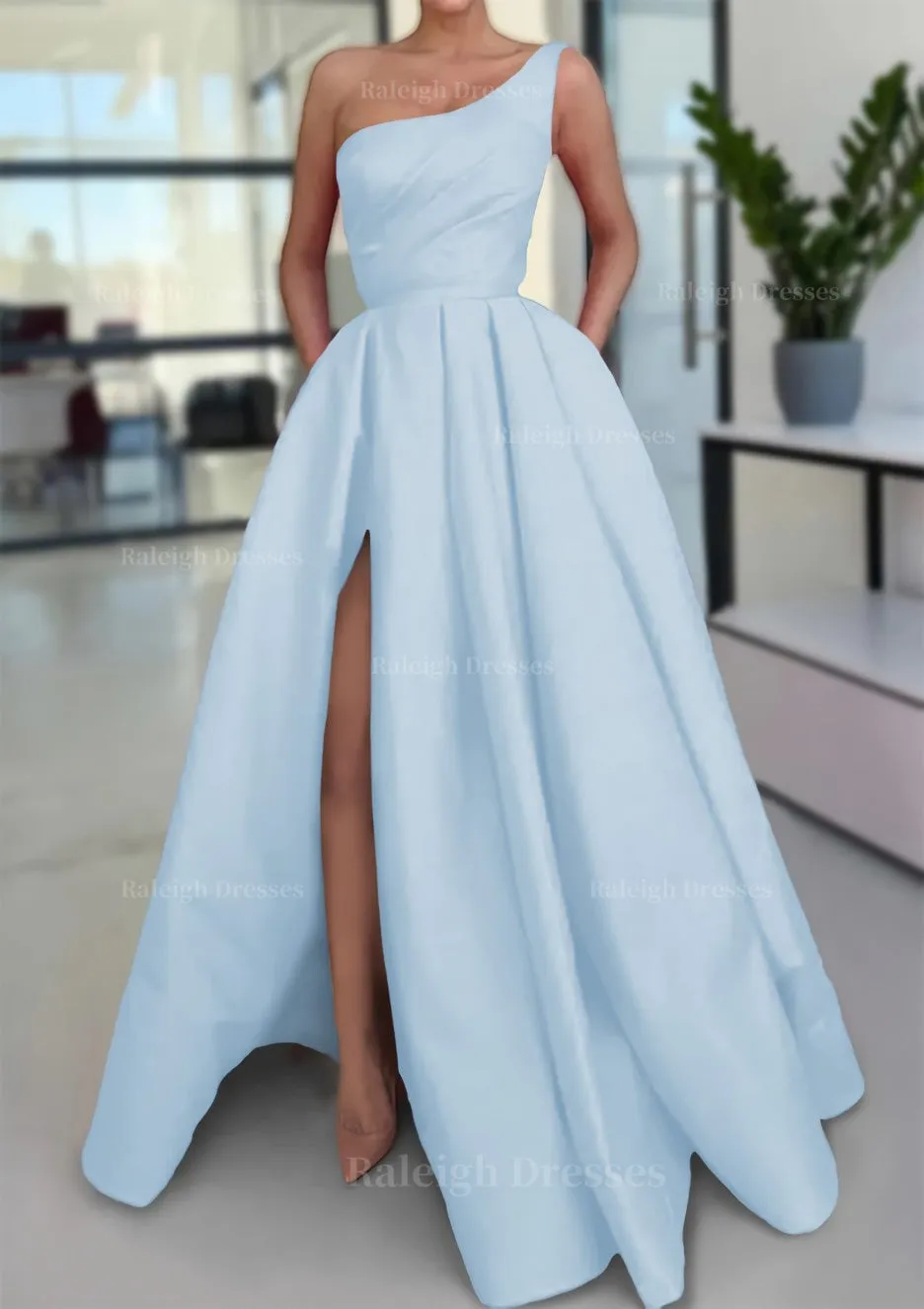 A-line Sleeveless One-Shoulder Long/Floor-Length Satin Prom Dress With Split Ruffles Pockets