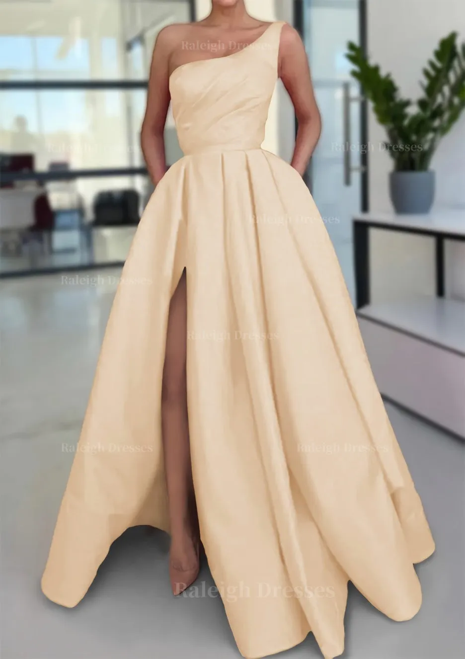 A-line Sleeveless One-Shoulder Long/Floor-Length Satin Prom Dress With Split Ruffles Pockets