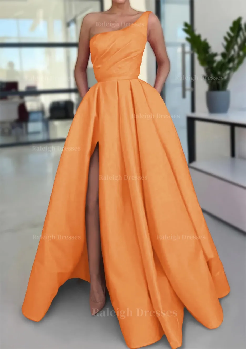 A-line Sleeveless One-Shoulder Long/Floor-Length Satin Prom Dress With Split Ruffles Pockets