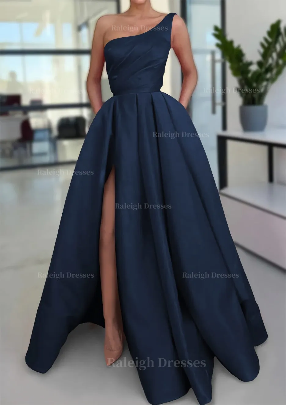 A-line Sleeveless One-Shoulder Long/Floor-Length Satin Prom Dress With Split Ruffles Pockets