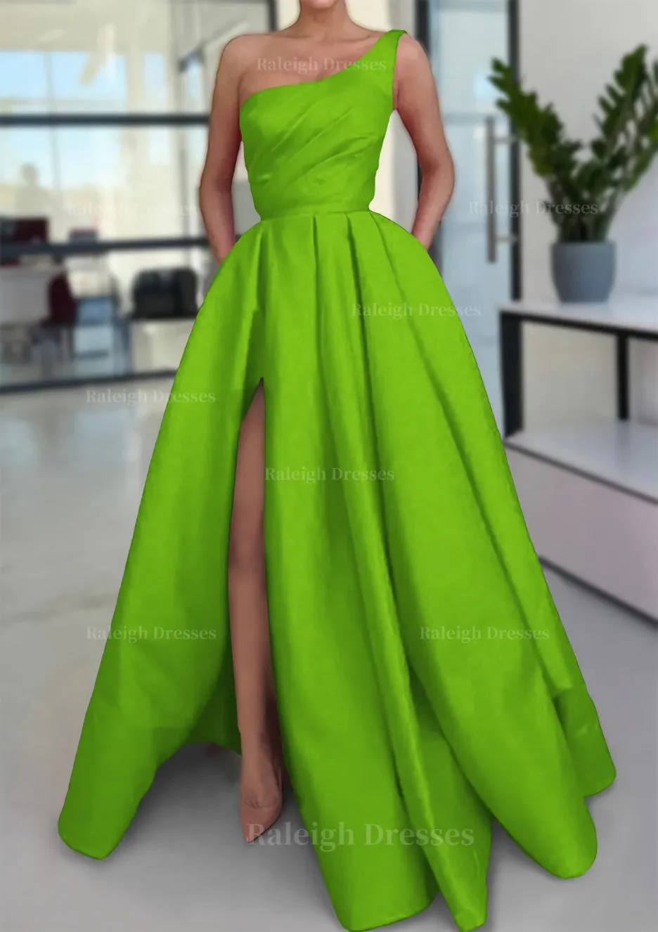 A-line Sleeveless One-Shoulder Long/Floor-Length Satin Prom Dress With Split Ruffles Pockets