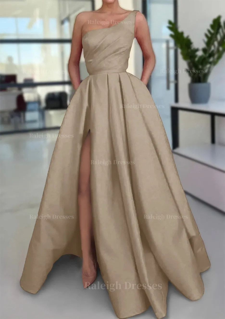 A-line Sleeveless One-Shoulder Long/Floor-Length Satin Prom Dress With Split Ruffles Pockets