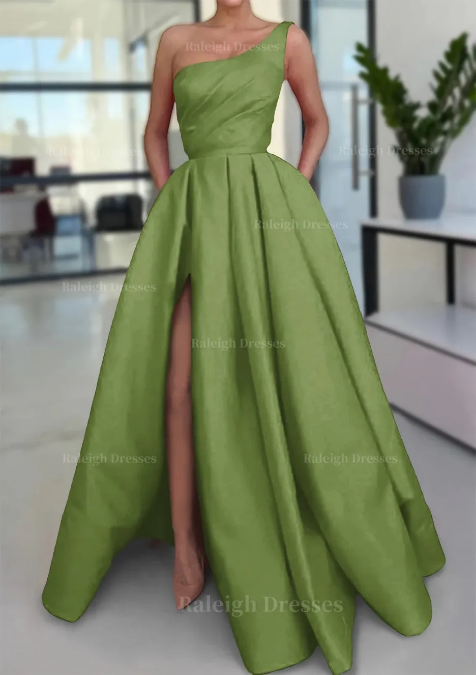 A-line Sleeveless One-Shoulder Long/Floor-Length Satin Prom Dress With Split Ruffles Pockets