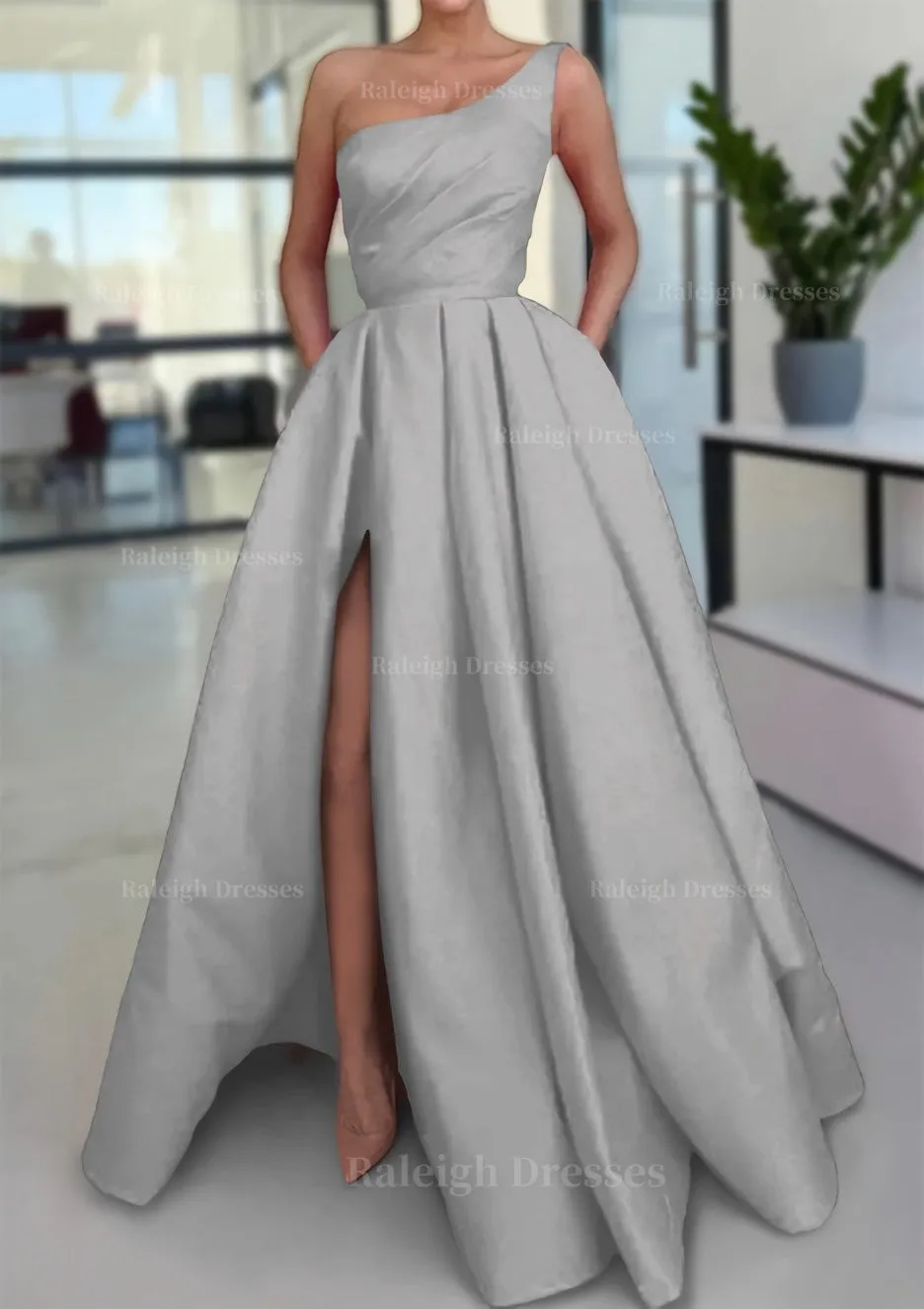 A-line Sleeveless One-Shoulder Long/Floor-Length Satin Prom Dress With Split Ruffles Pockets