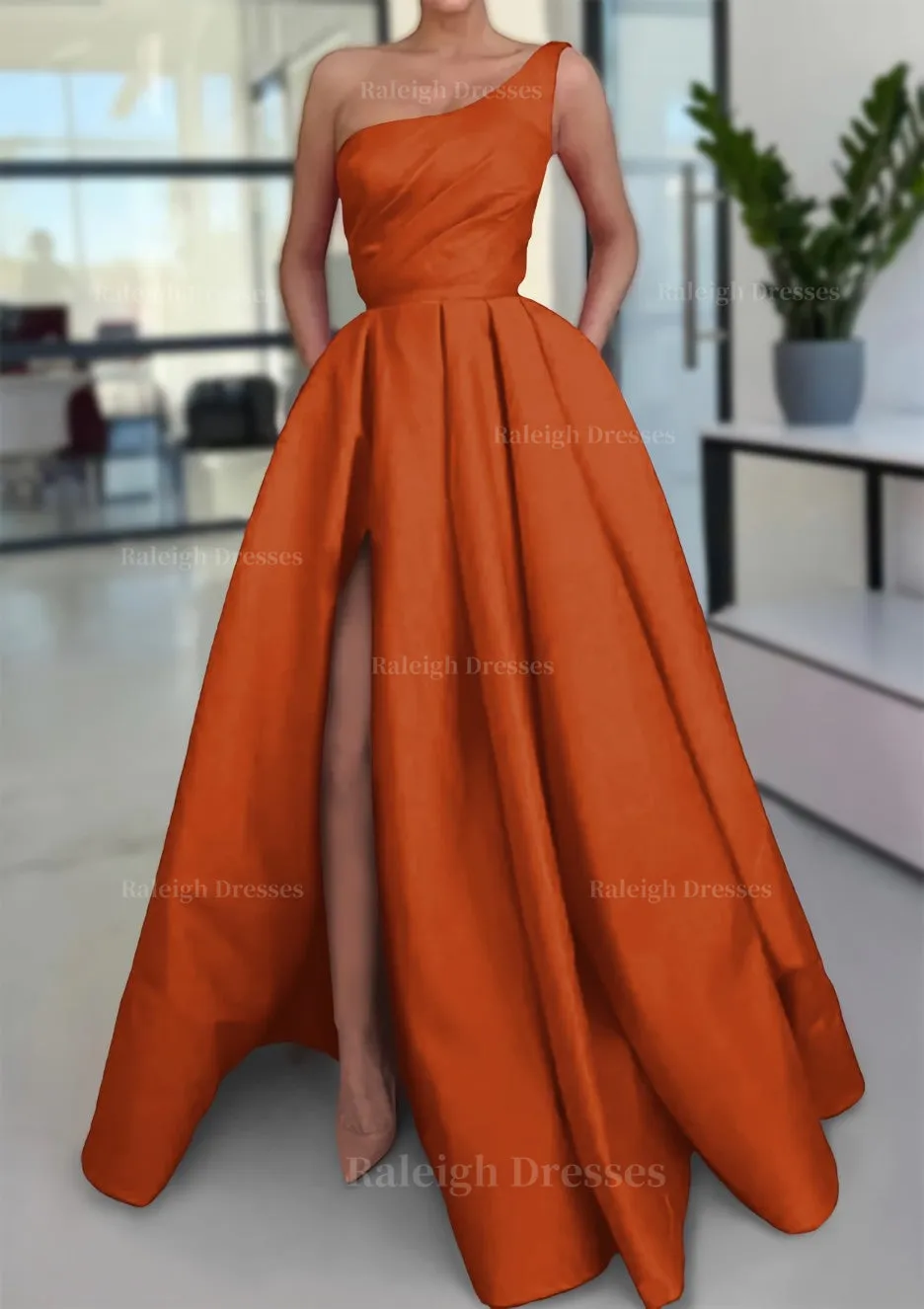 A-line Sleeveless One-Shoulder Long/Floor-Length Satin Prom Dress With Split Ruffles Pockets