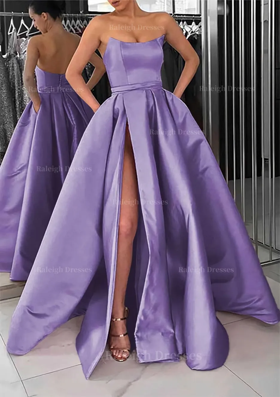 A-line Square Neckline Long/Floor-Length Satin Prom Dress With Pockets Split