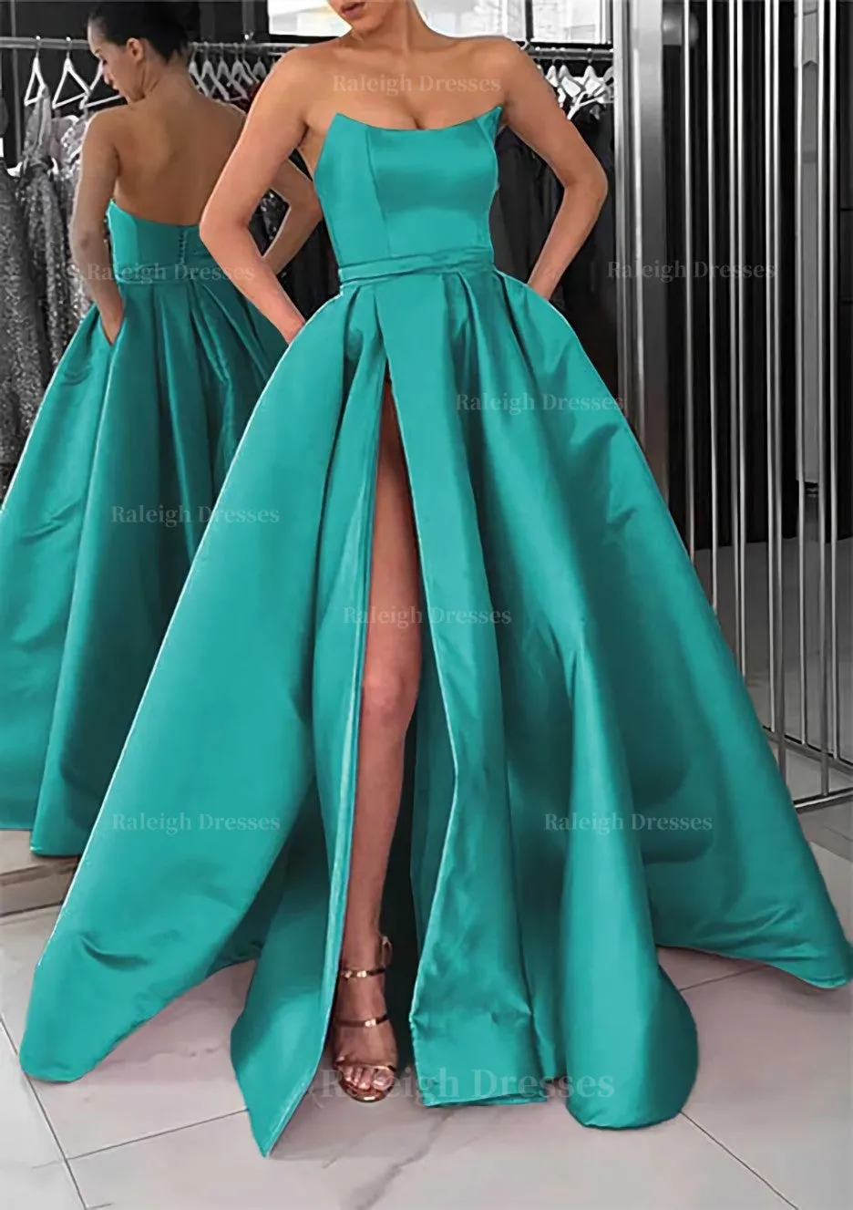 A-line Square Neckline Long/Floor-Length Satin Prom Dress With Pockets Split