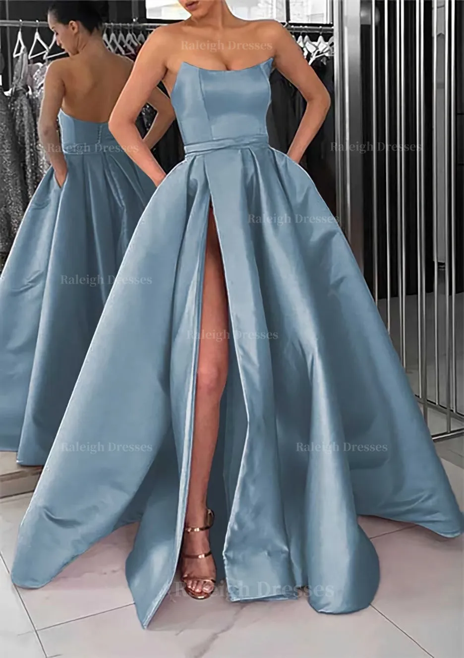 A-line Square Neckline Long/Floor-Length Satin Prom Dress With Pockets Split