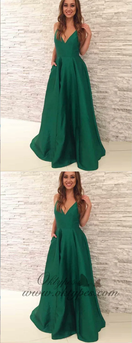 A-line V-Neck Long Cheap Pleated Green Satin Prom Dresses with Pockets, TYP1281