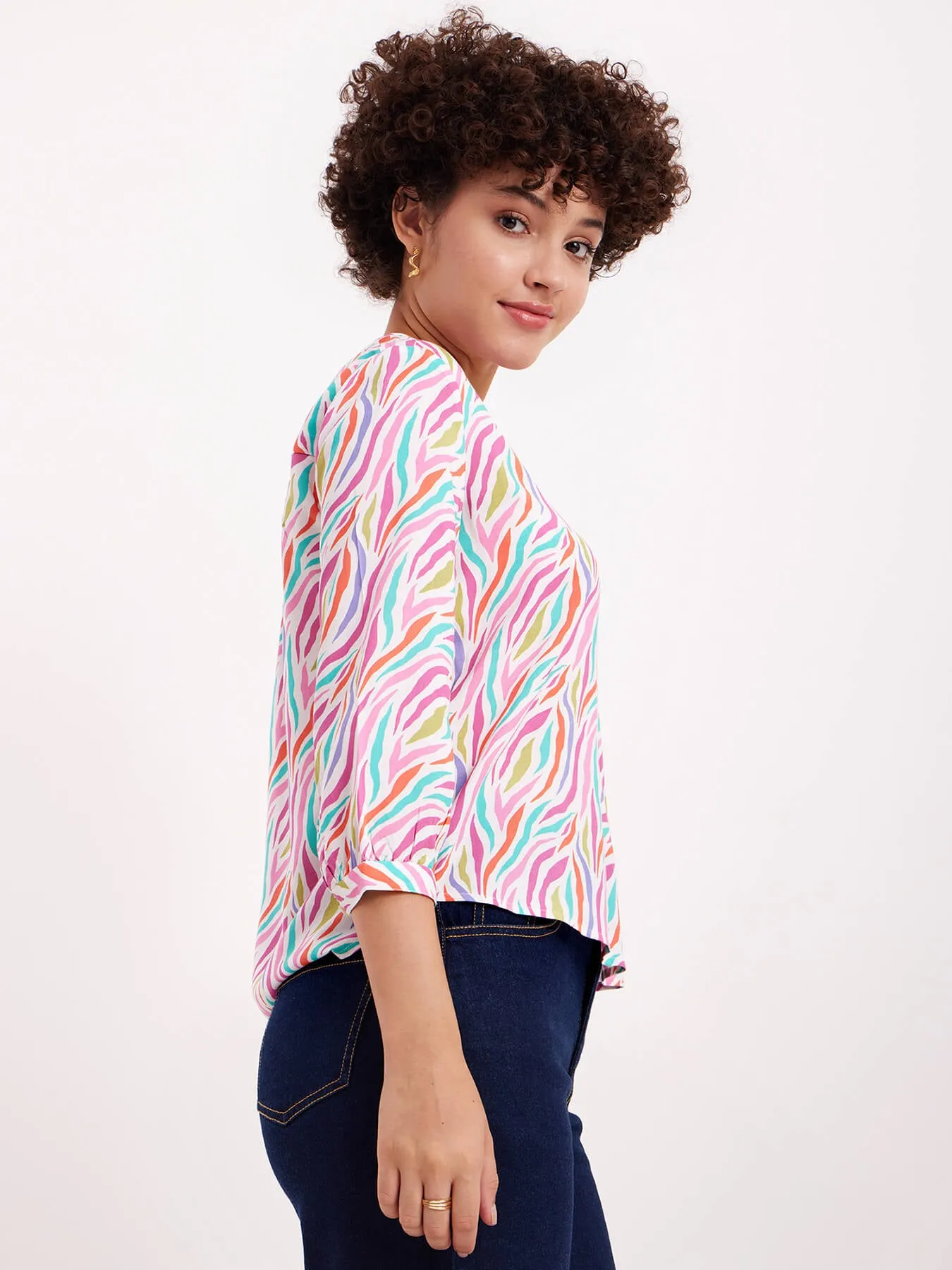 Abstract Print V Neck Top - Multicolour