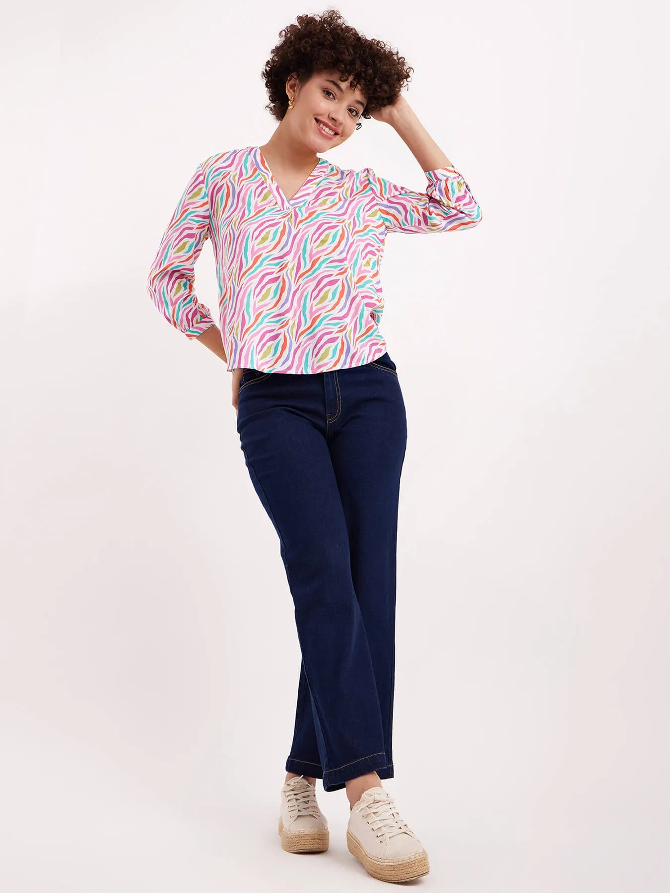 Abstract Print V Neck Top - Multicolour