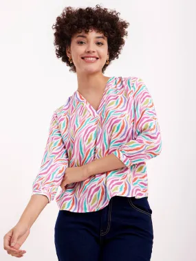 Abstract Print V Neck Top - Multicolour