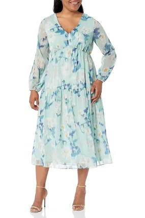 Adrianna Papell AP1E209021 W V-Neck Long Sleeve Formal Floral Print Dress