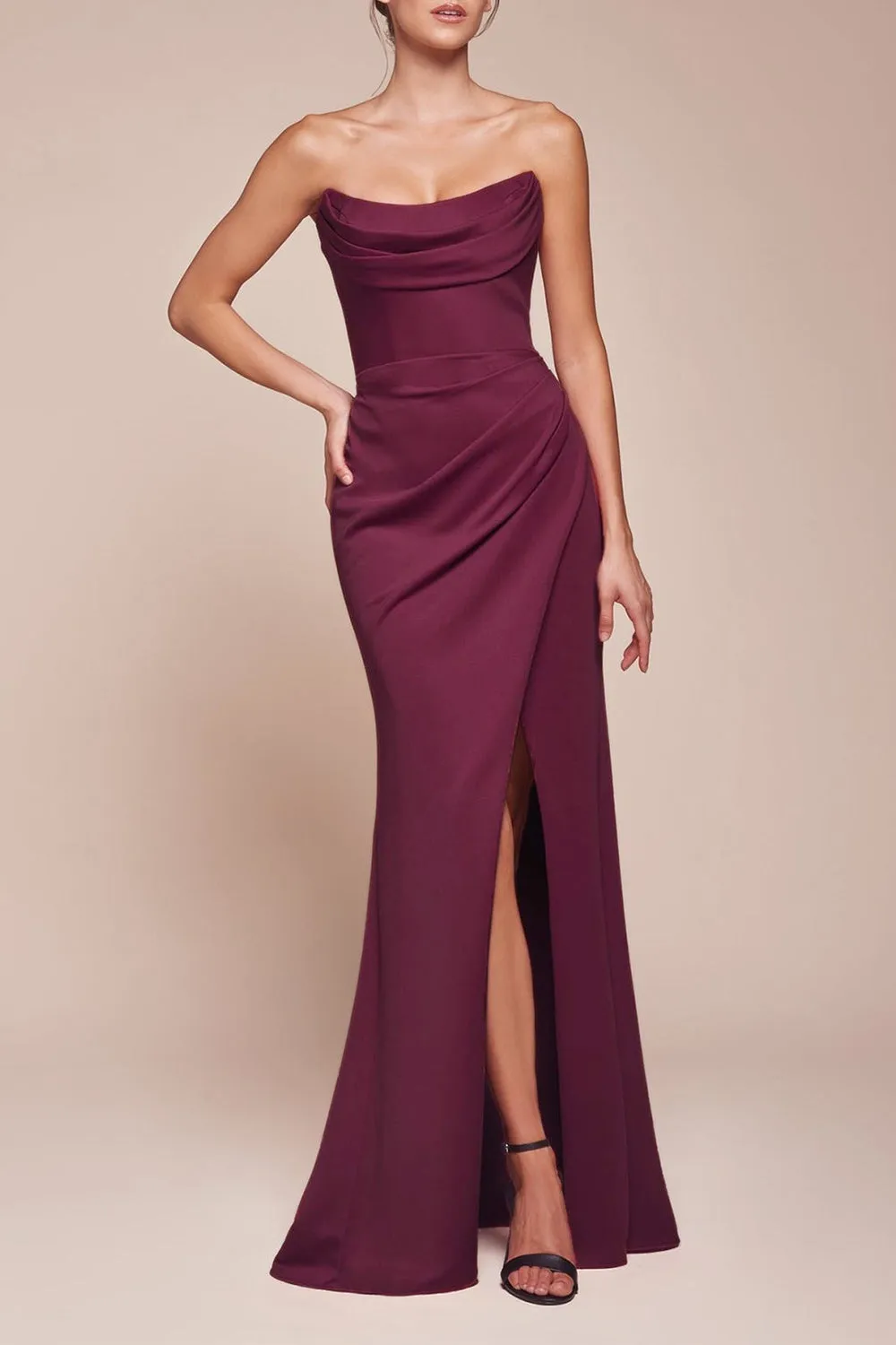 Ailsa Burgundy | Strapless Gown w/ High Slit