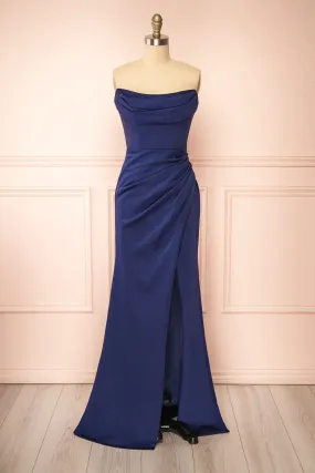 Ailsa Navy | Strapless Gown w/ High Slit