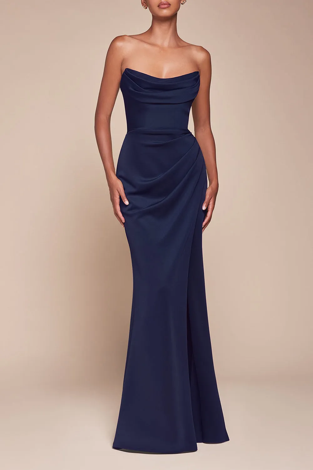 Ailsa Navy | Strapless Gown w/ High Slit