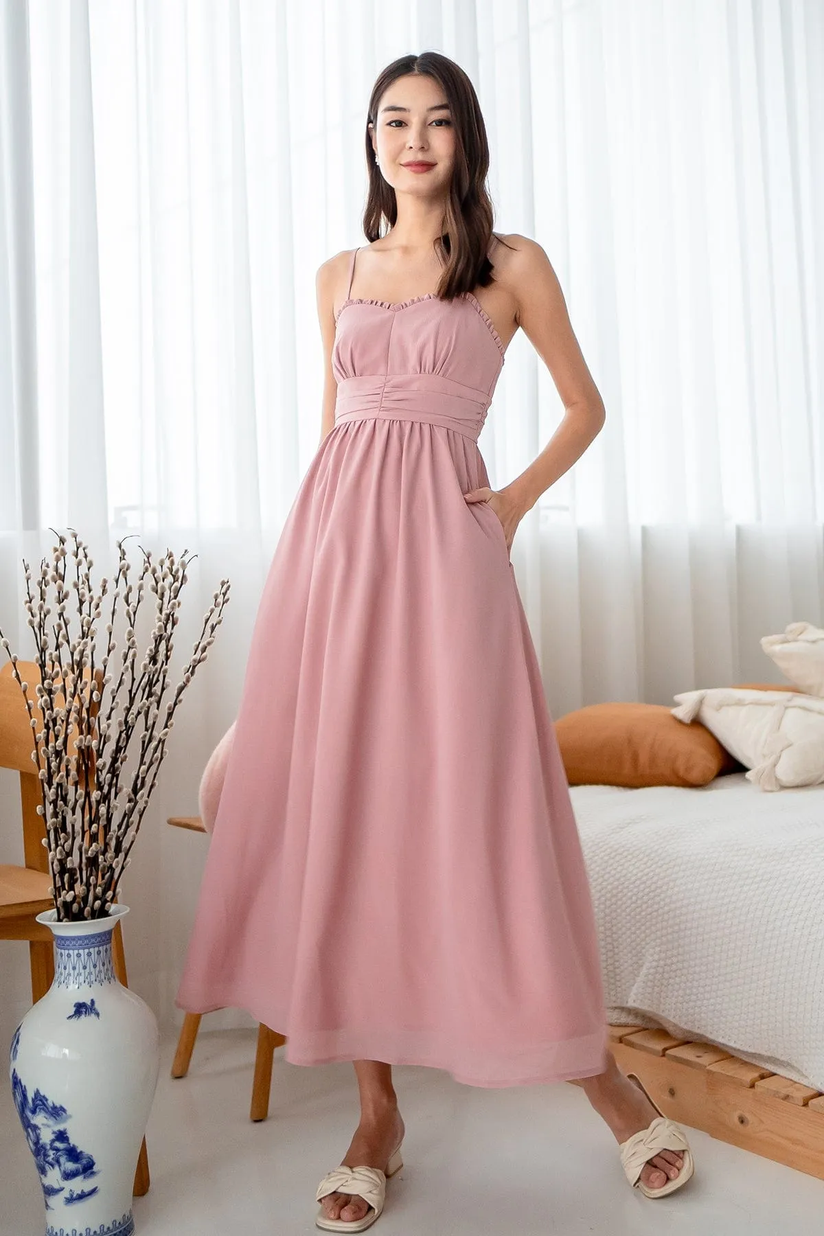 ANNELISE RUCHED MAXI DRESS IN DUSTY PINK