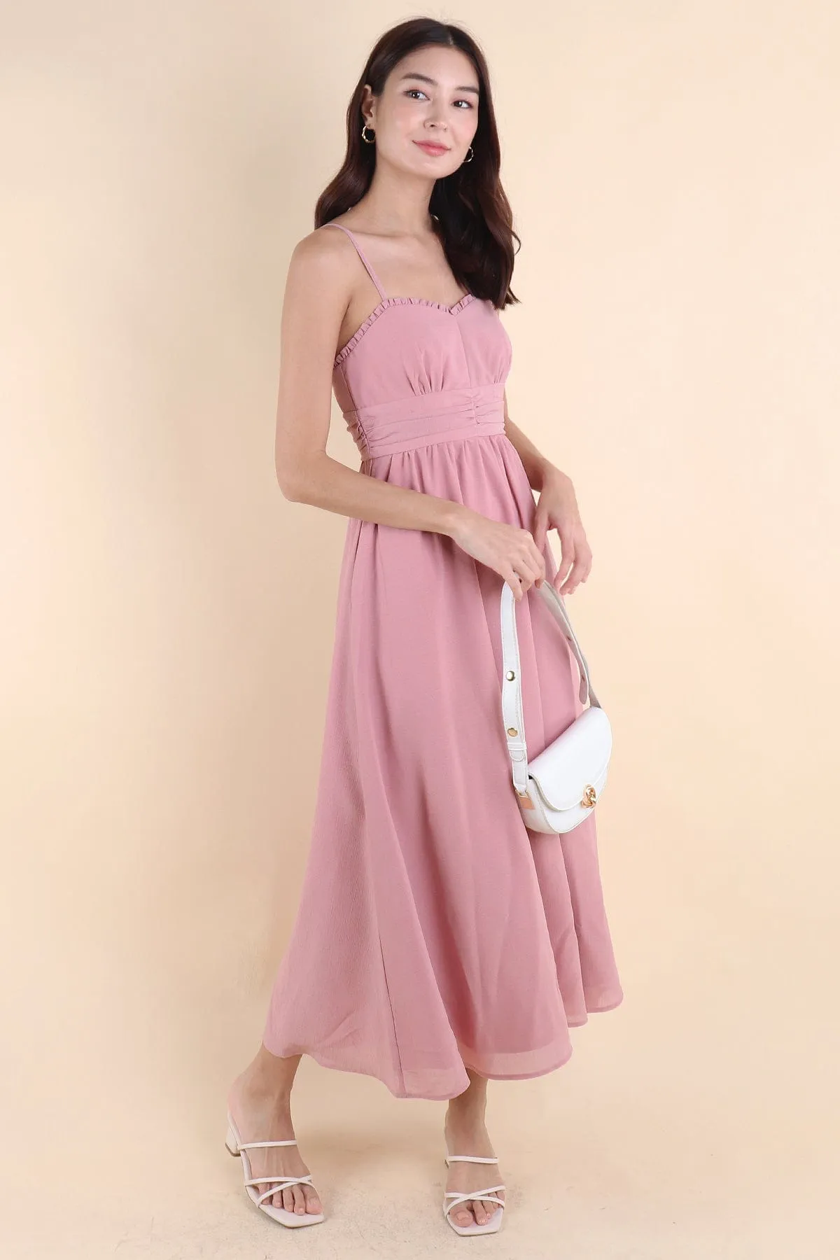 ANNELISE RUCHED MAXI DRESS IN DUSTY PINK