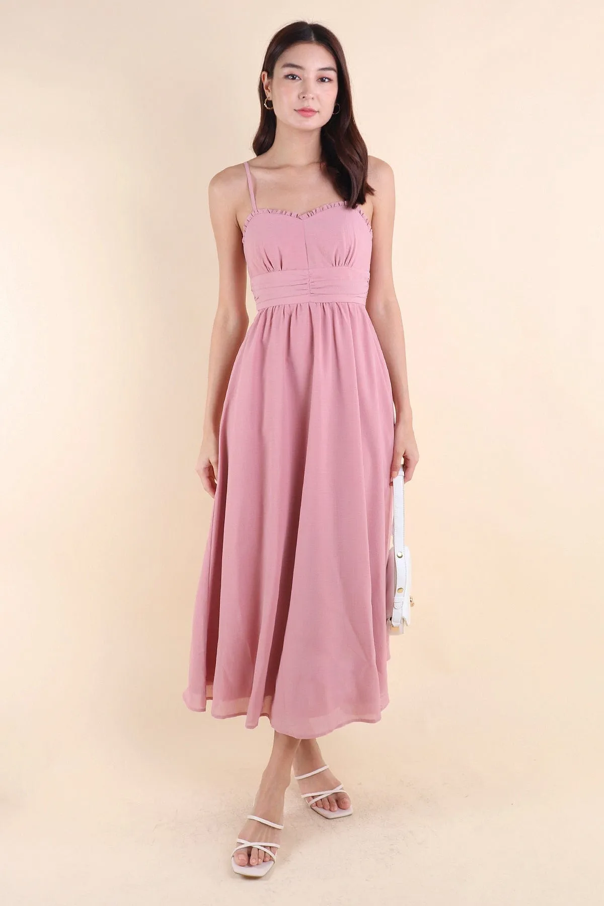 ANNELISE RUCHED MAXI DRESS IN DUSTY PINK