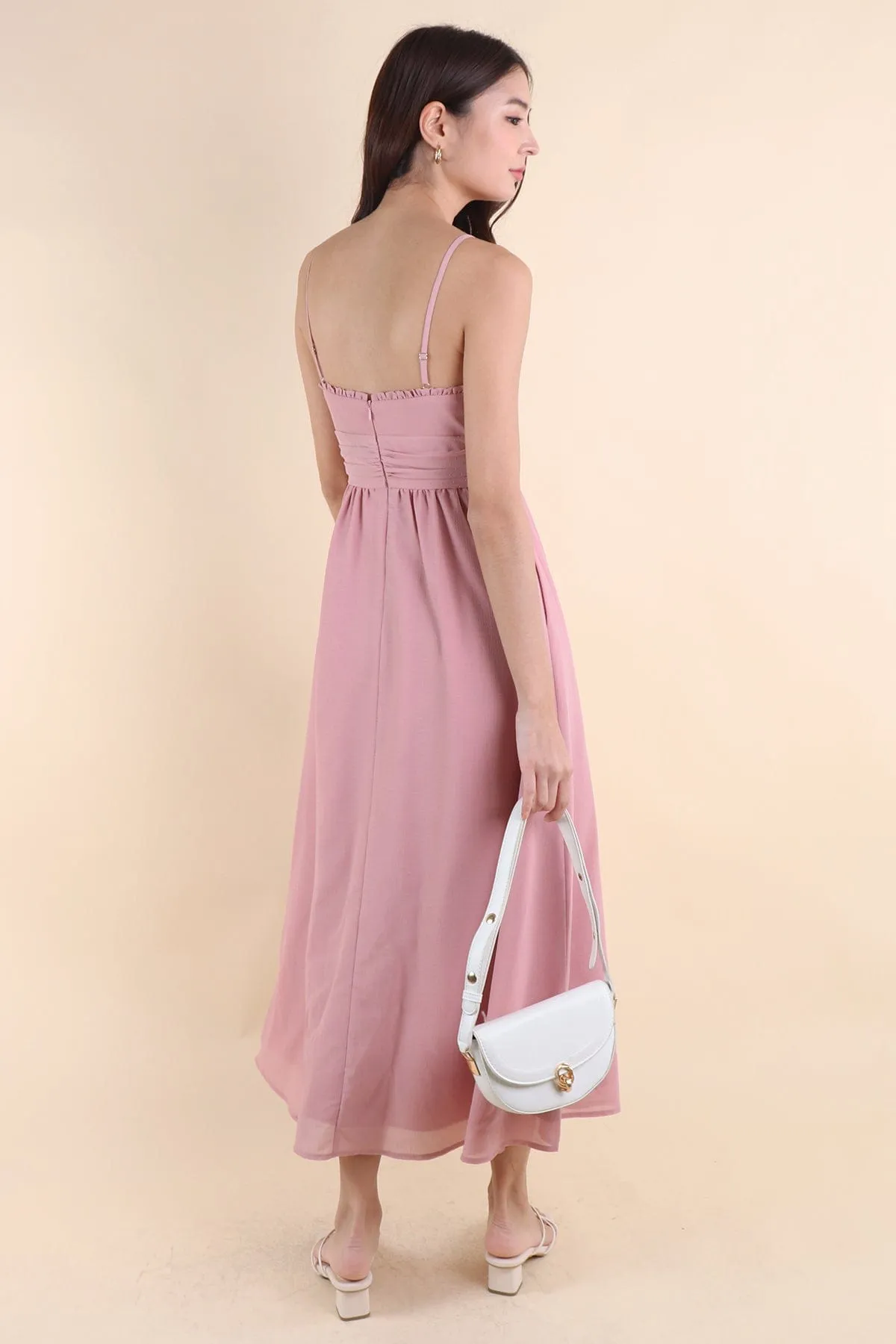 ANNELISE RUCHED MAXI DRESS IN DUSTY PINK