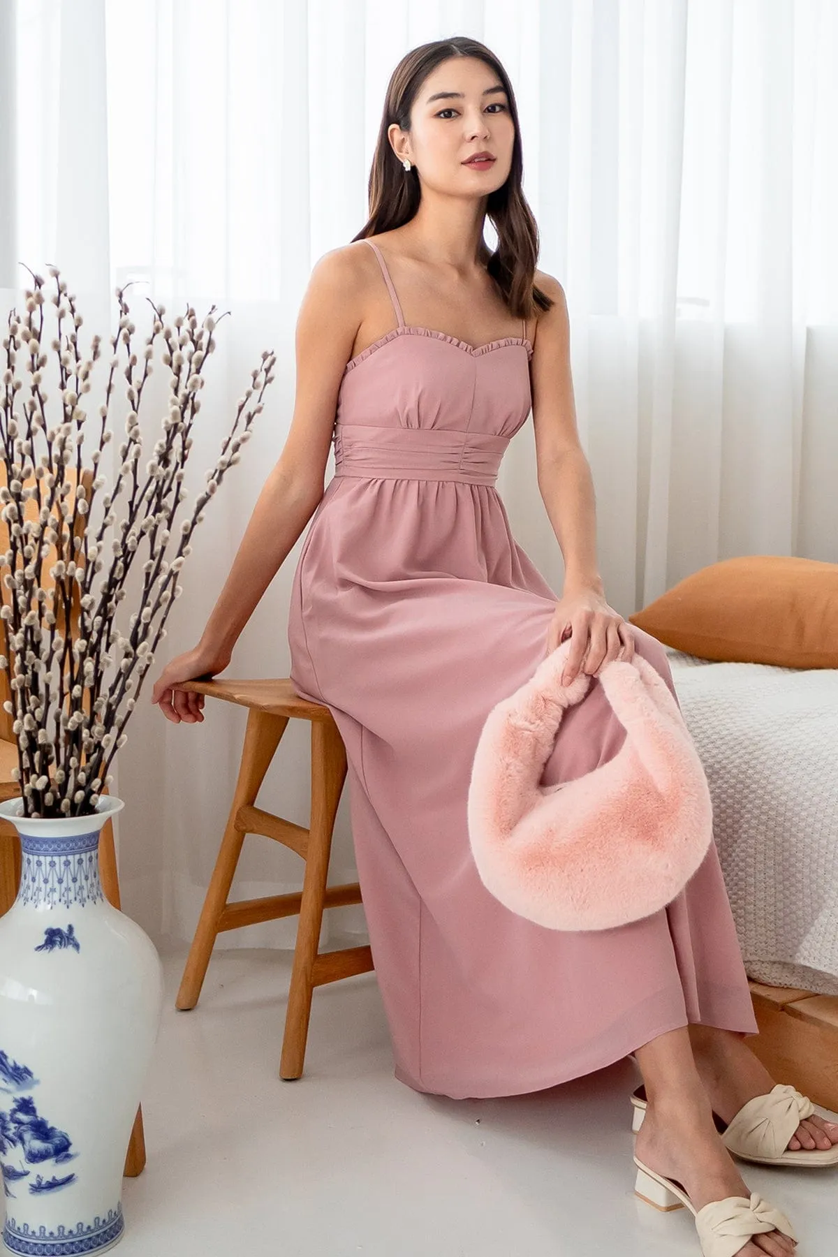 ANNELISE RUCHED MAXI DRESS IN DUSTY PINK