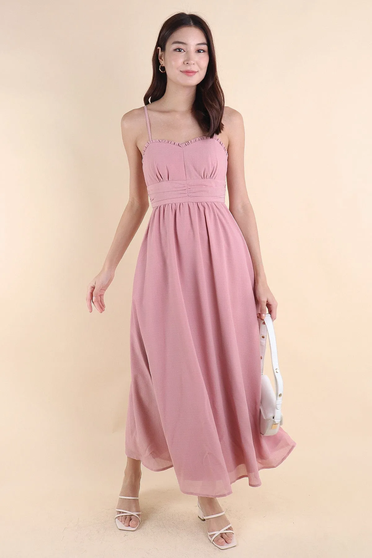 ANNELISE RUCHED MAXI DRESS IN DUSTY PINK