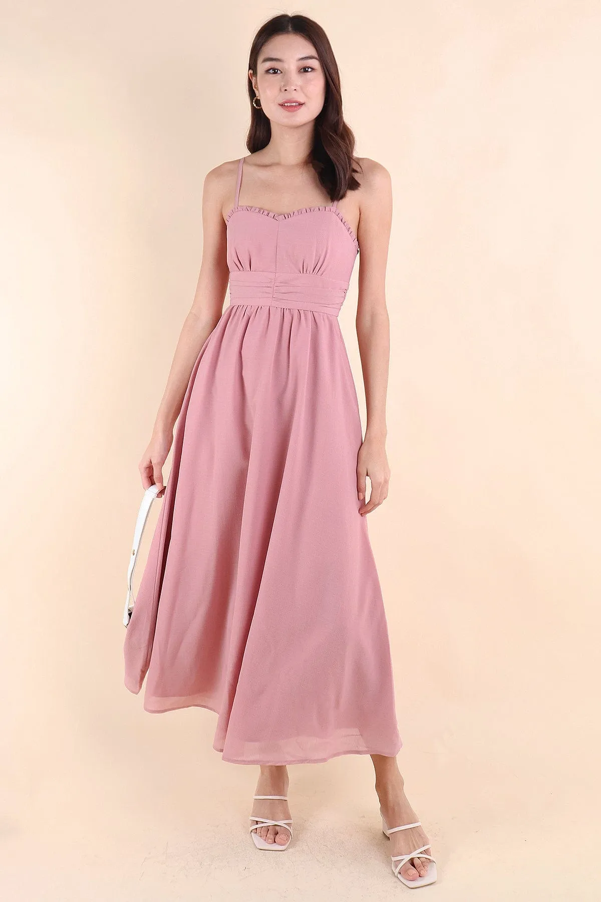 ANNELISE RUCHED MAXI DRESS IN DUSTY PINK