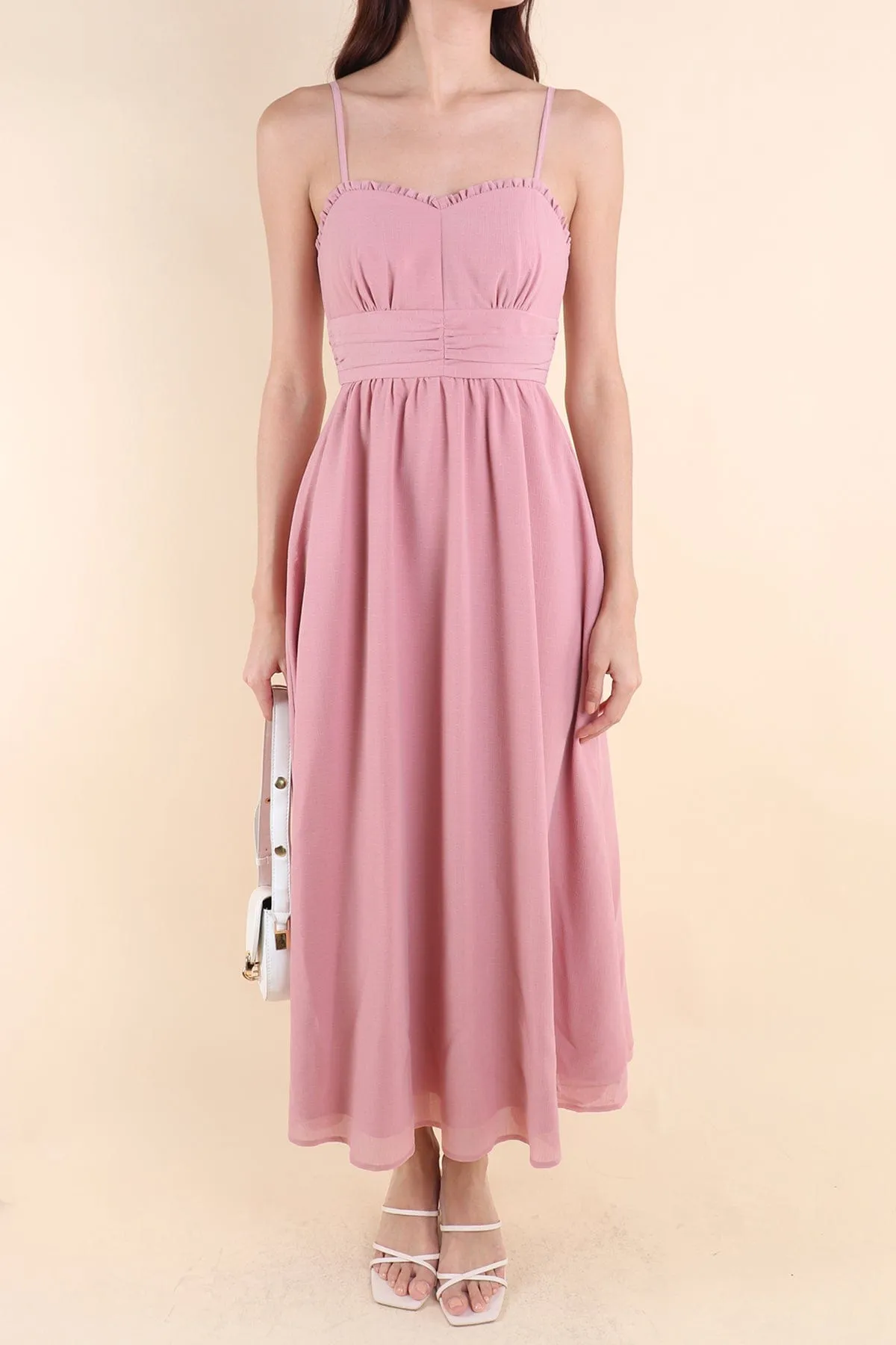 ANNELISE RUCHED MAXI DRESS IN DUSTY PINK