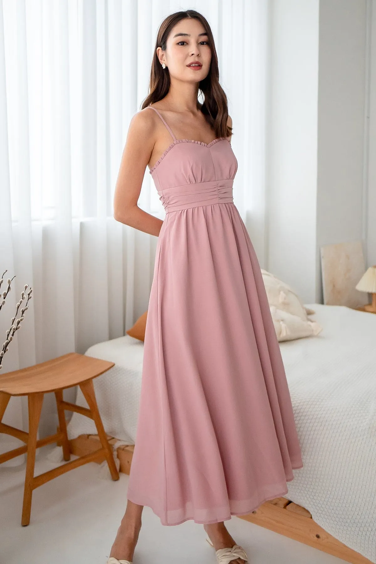 ANNELISE RUCHED MAXI DRESS IN DUSTY PINK