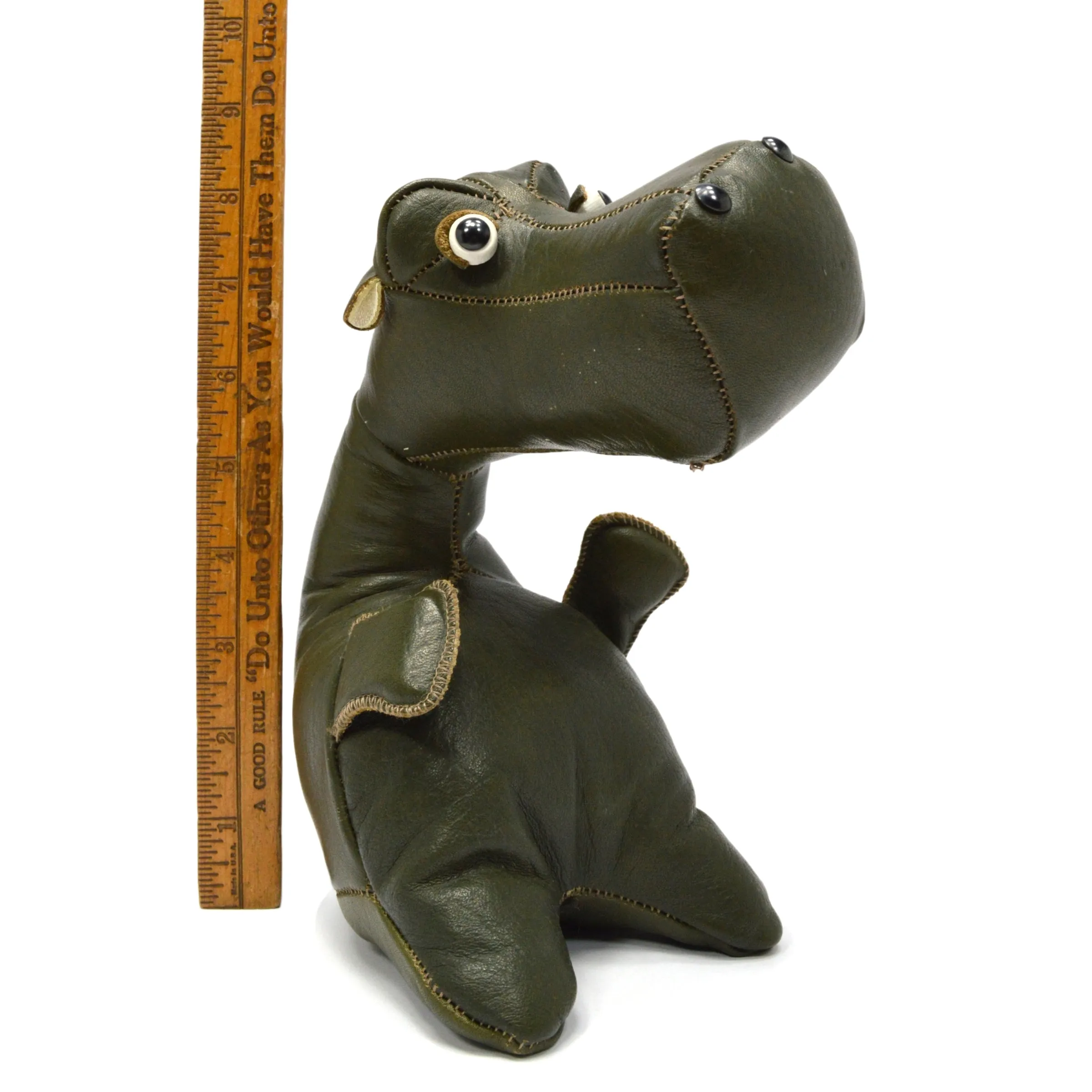 Antique LEATHER STUFFED ANIMAL Custom/Folk Art FUNKY HIPPO DOG Wood & Glass Eyes