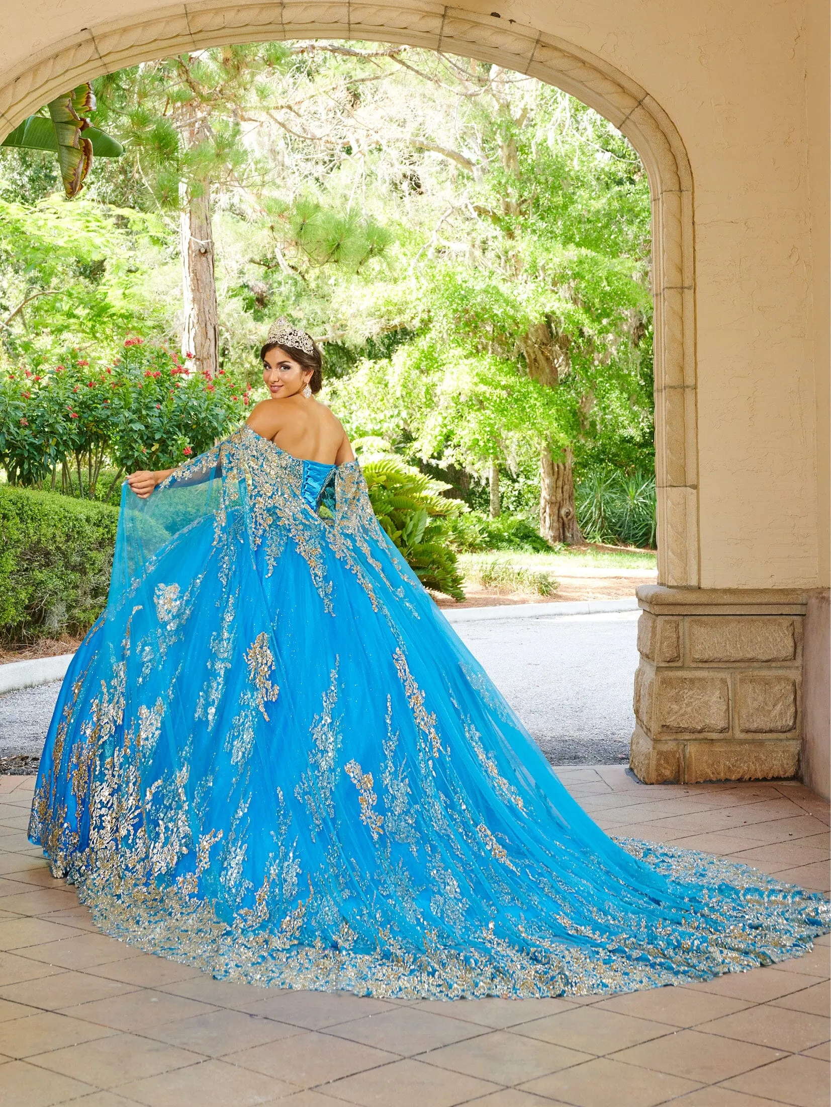 Applique Cape Quinceanera Dress by House of Wu 26083