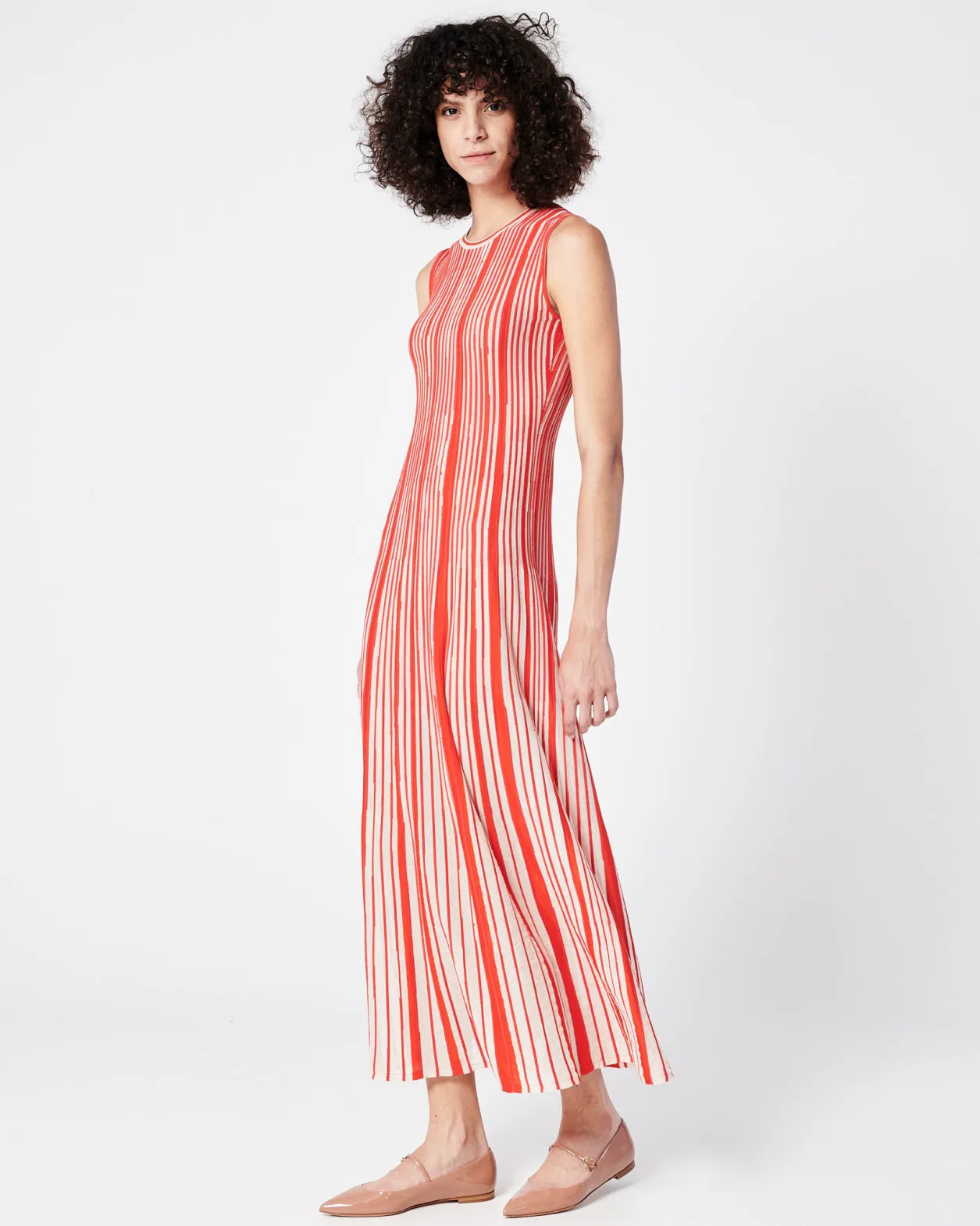 Asagao Striped Silk Wool Blend Knit Midi Dress