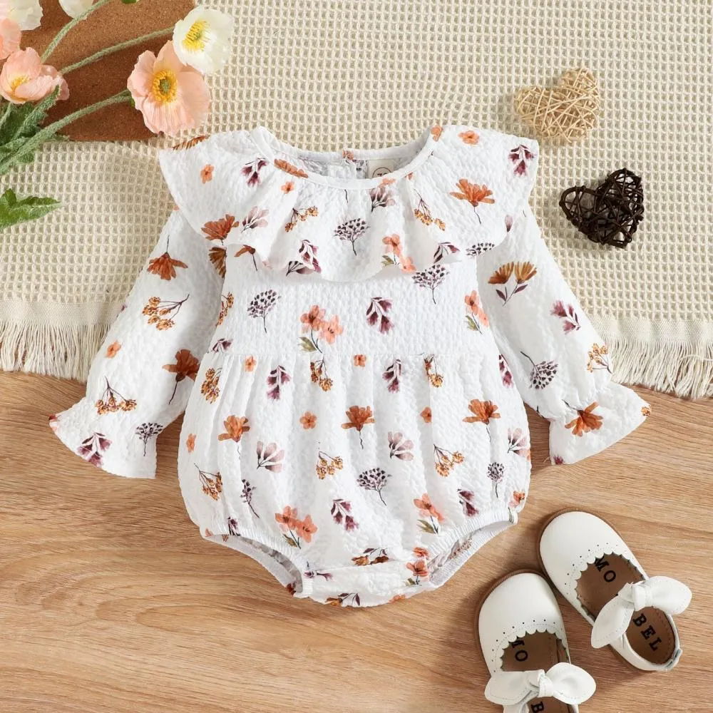 Autumn Winter Baby Girl Print Lotus Leaf Collar Romper Wholesale Girls Clothes